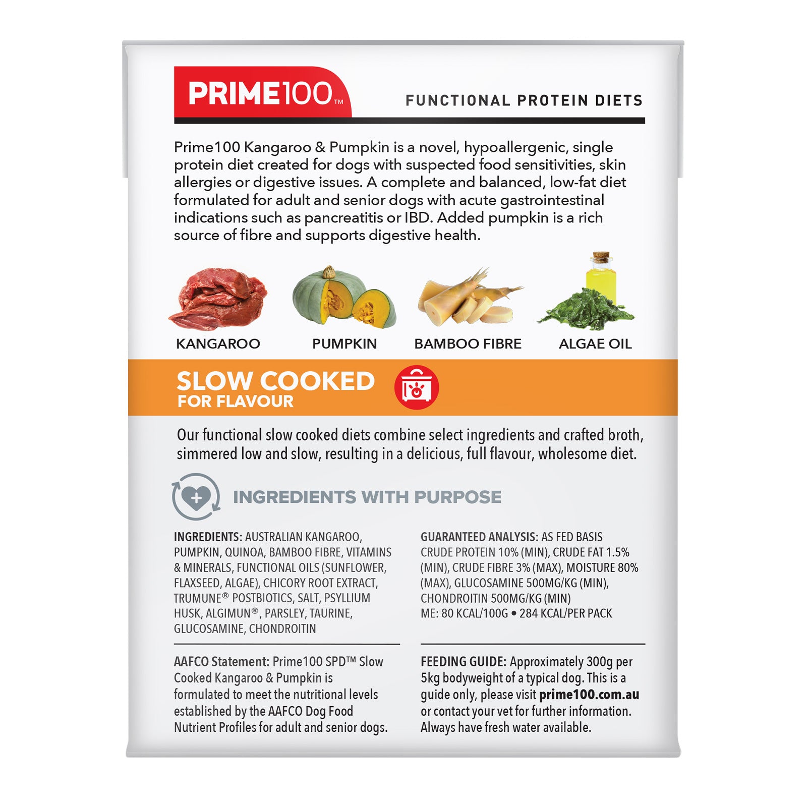 Prime100 SPD Slow Cooked Kangaroo & Pumpkin Single Protein Adult Wet Dog Food 12x354g Description Back | Pet Food Leaders