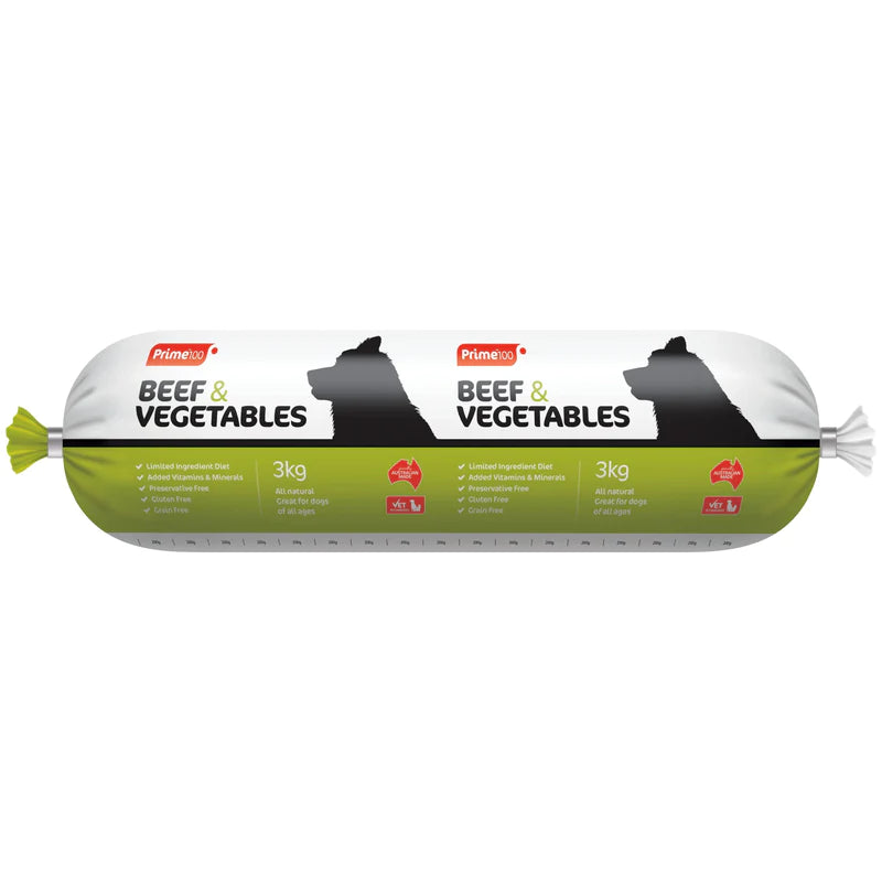 Prime100 Beef and Vegetable Cooked Roll 3kg | Pet Food Leaders