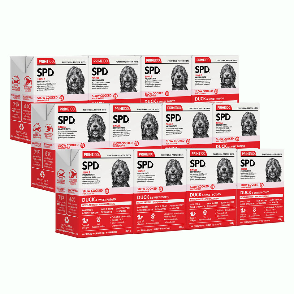 Prime100 SPD Slow Cooked Duck and Sweat Potato Single Protein Adult 12x354g | Pet Food Leaders