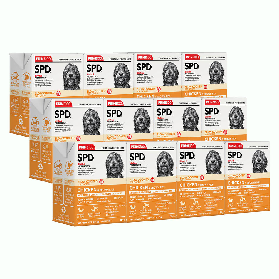 Prime100 SPD Slow Cooked Chicken and Brown Rice Single Protein Adult Wet Dog Food 12x354g | Pet Food Leaders